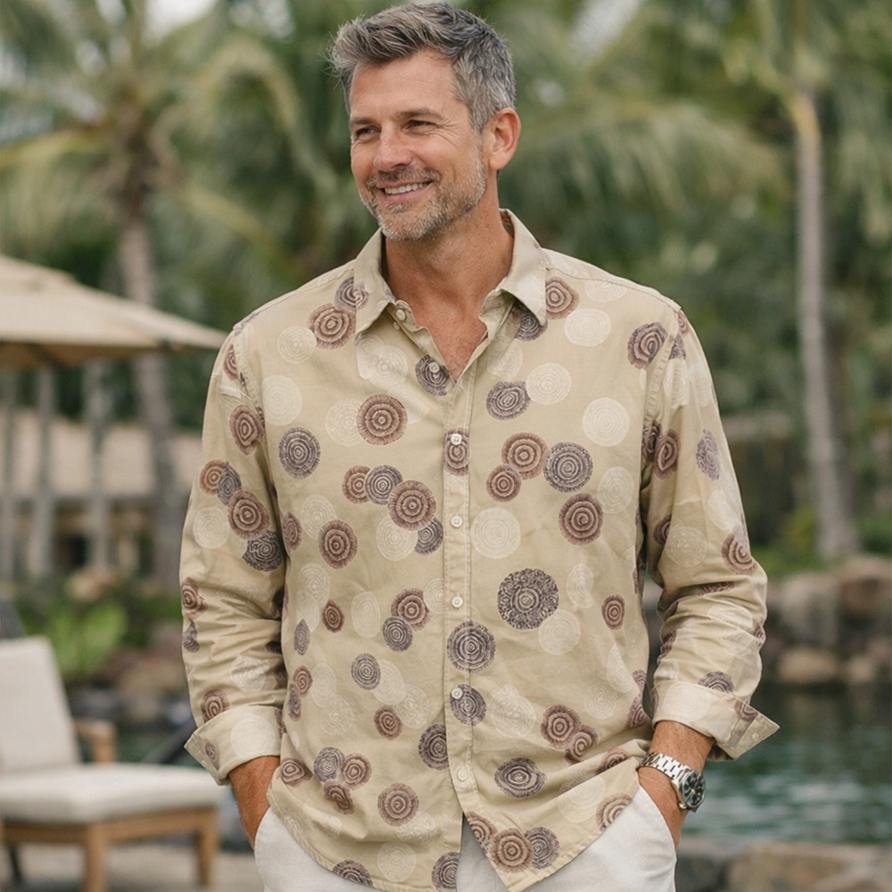 Tori Richard Beige Cotton Geo Print Button Down Shirt Resort 2XL